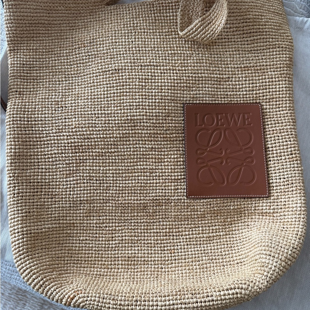 Loewe Beige Woven Tote with Brown Leather Logo Patch